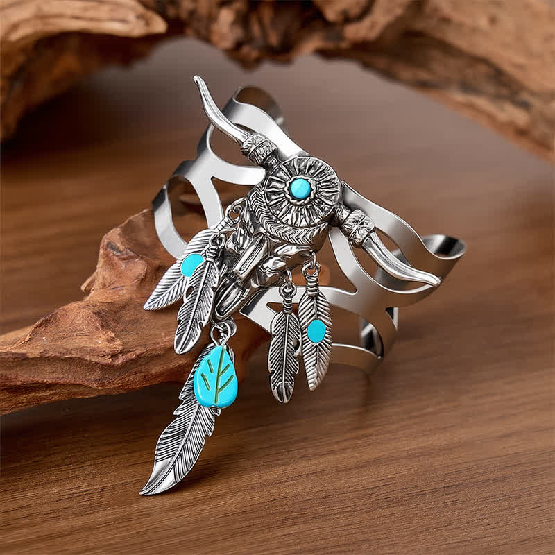 Southwestern Cow Skull Turquoise Feather Open Cuff Bracelet - image 2