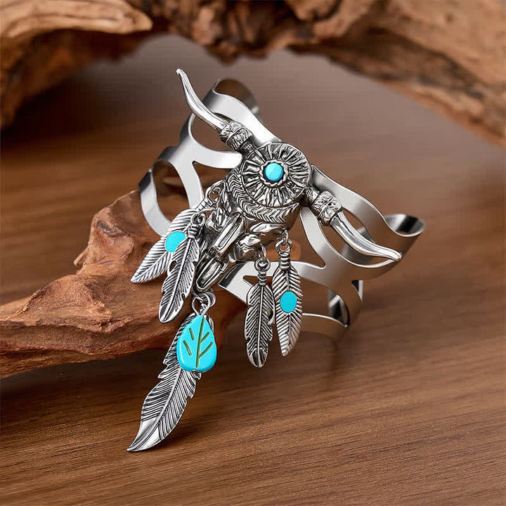 Southwestern Cow Skull Turquoise Feather Open Cuff Bracelet - image 2