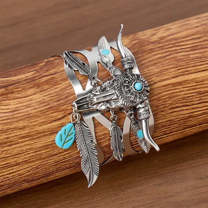 Southwestern Cow Skull Turquoise Feather Open Cuff Bracelet - image 3