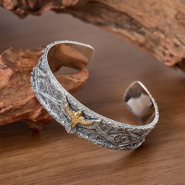 Scroll Engraving Western Eagle Open Cuff Bracelet - Silver - image 0