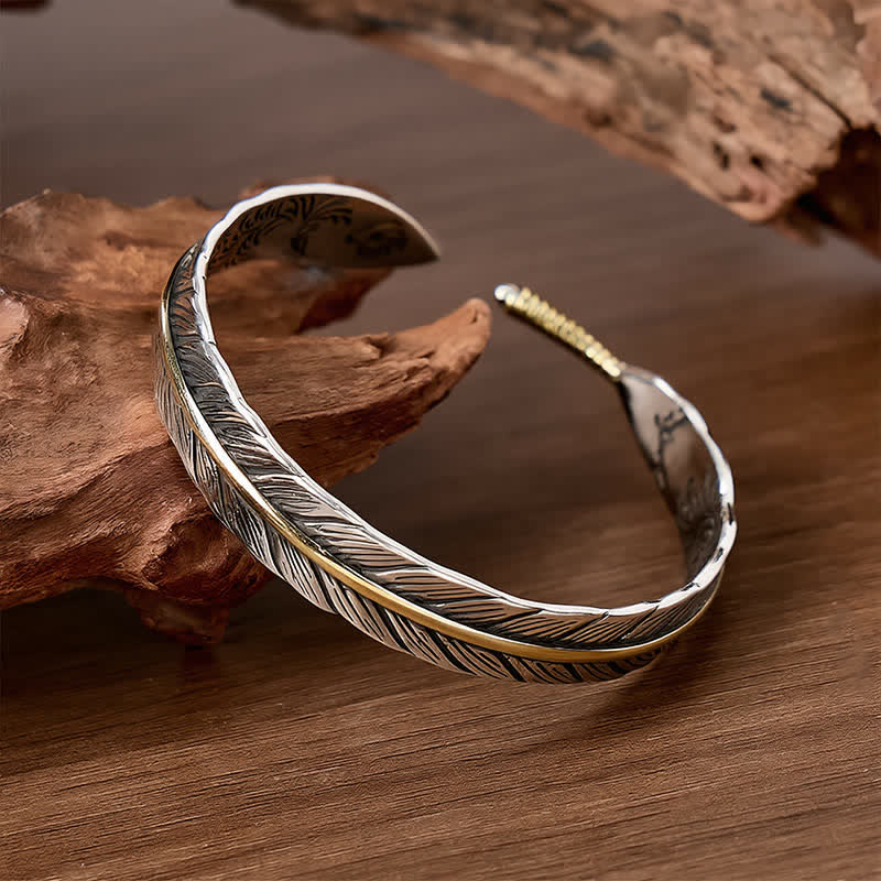 Two-Tone Spirit Single Feather Totem Open Cuff Bracelet - image 2