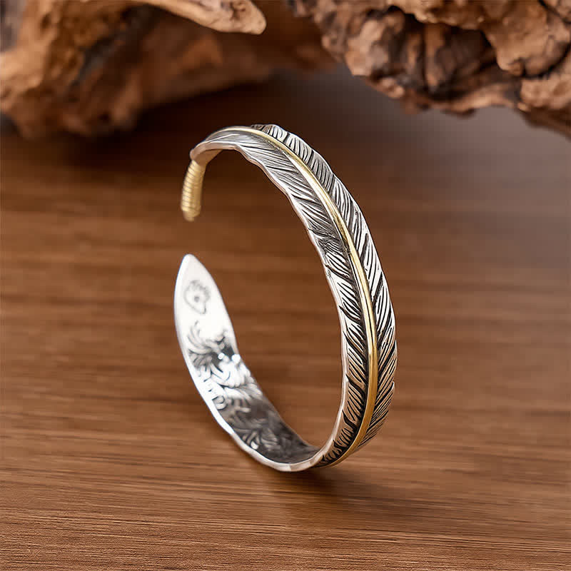 Two-Tone Spirit Single Feather Totem Open Cuff Bracelet - Silver & Bronze - image 0