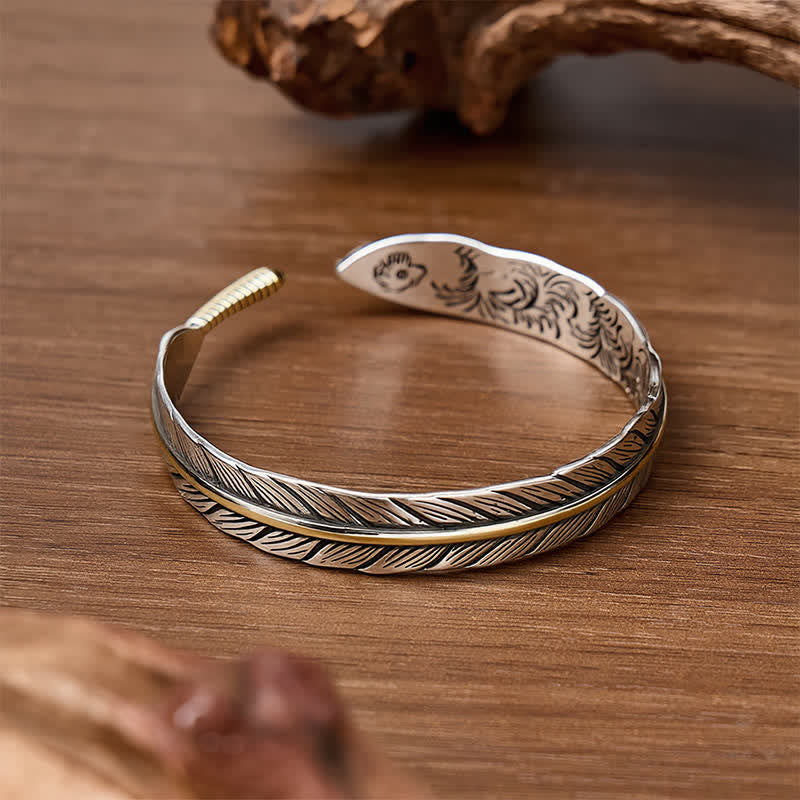 Two-Tone Spirit Single Feather Totem Open Cuff Bracelet - image 3