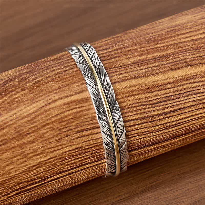 Two-Tone Spirit Single Feather Totem Open Cuff Bracelet - image 1