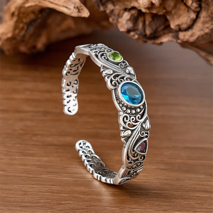 Ornate Gemstone Hollow Out Open Cuff Bracelet - Silver - image 0