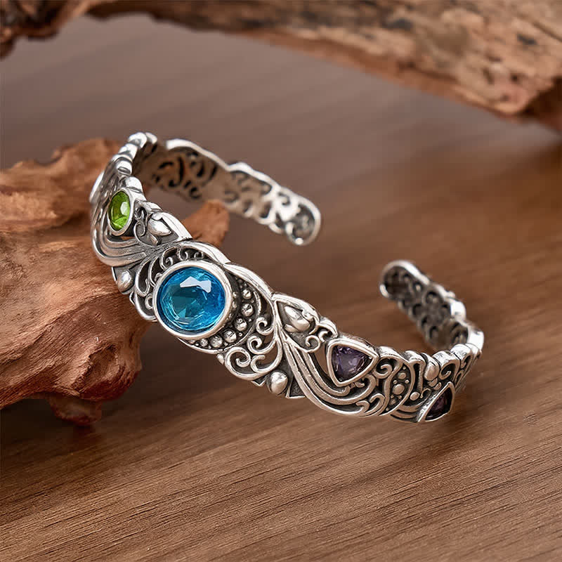 Ornate Gemstone Hollow Out Open Cuff Bracelet - image 2