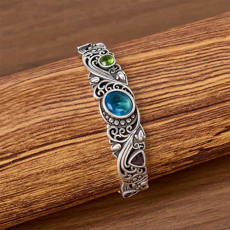 Ornate Gemstone Hollow Out Open Cuff Bracelet - image 1