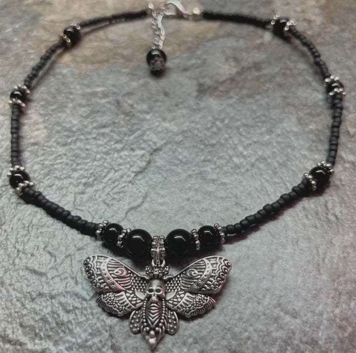 Boho Gothic Beaded Death's-Head Moth Choker Necklace - image 1