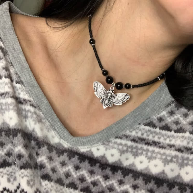 Boho Gothic Beaded Death's-Head Moth Choker Necklace - image 2