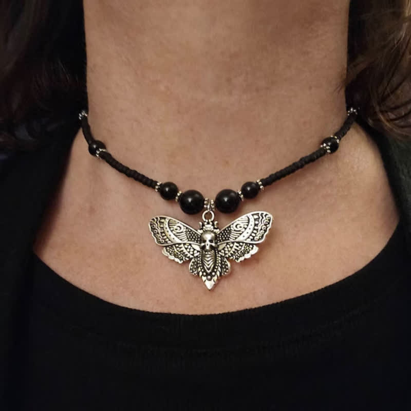 Boho Gothic Beaded Death's-Head Moth Choker Necklace - Black - image 0