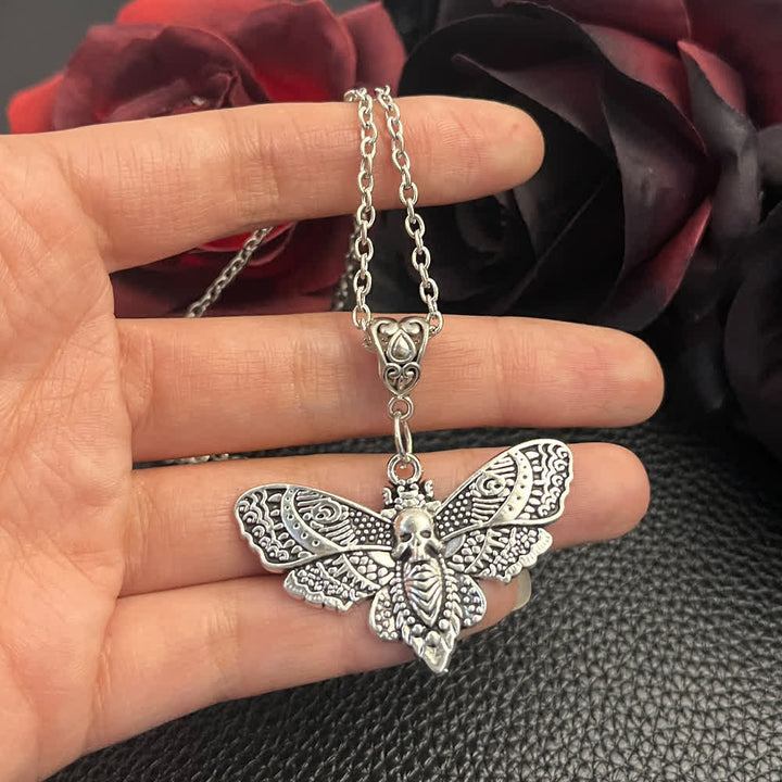 Death Embraces Beauty Gothic Skull Moth Pendant Necklace - Silver - image 0
