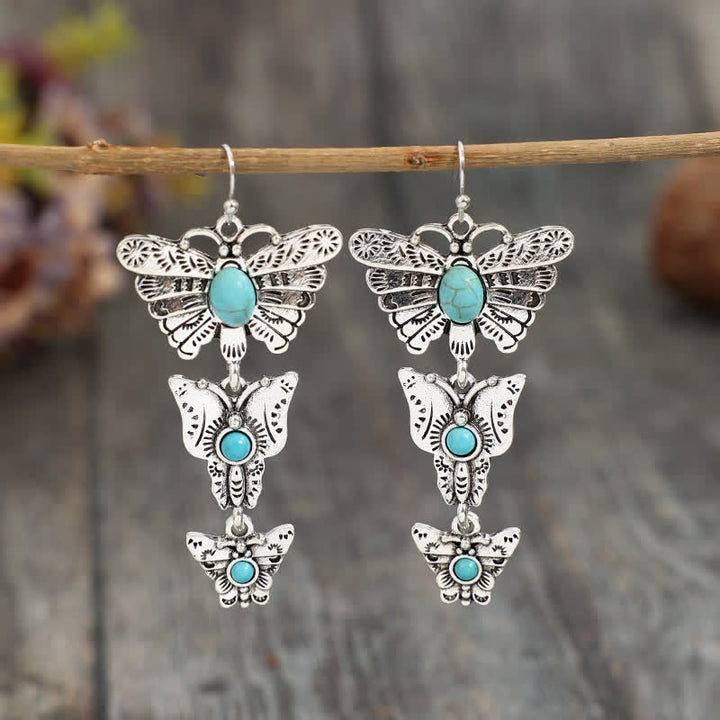 Boho Turquoise Triple Butterfly Dangle Western Earrings - Silver - image 0