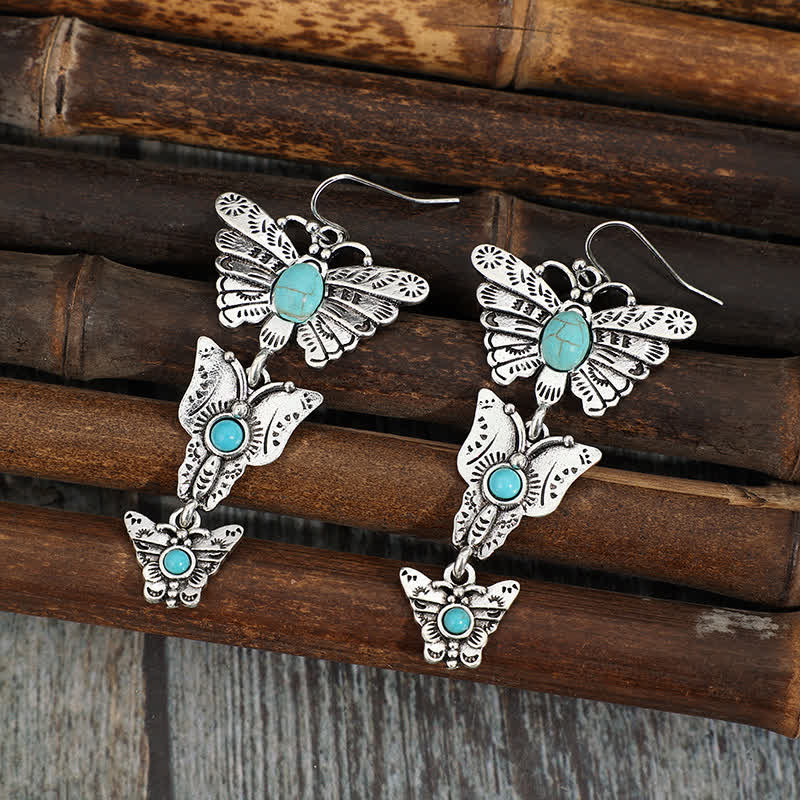 Boho Turquoise Triple Butterfly Dangle Western Earrings - image 1