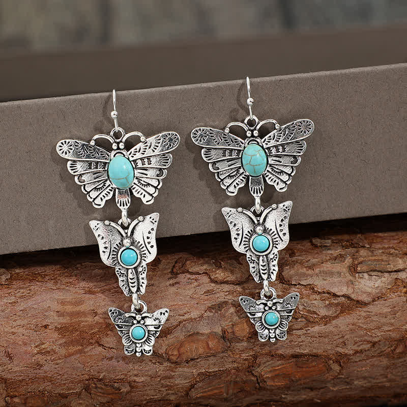 Boho Turquoise Triple Butterfly Dangle Western Earrings - image 2