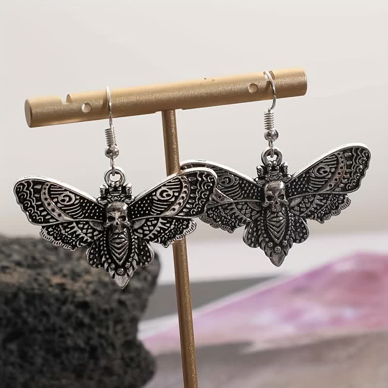 Witchy Vintage Gothic Death Moth & Skull Earrings - image 1
