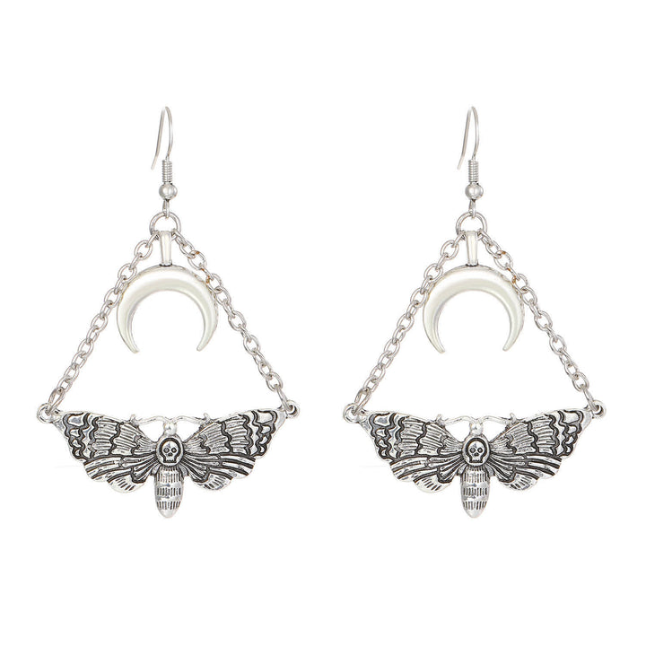 Dark Aesthetic Death Moth Crescent Moon Chain Dangle Earrings - image 7