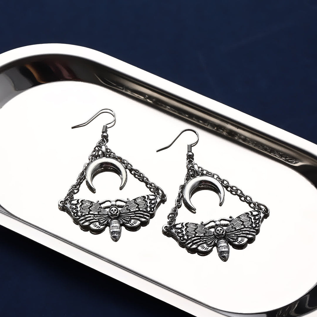 Dark Aesthetic Death Moth Crescent Moon Chain Dangle Earrings - image 2