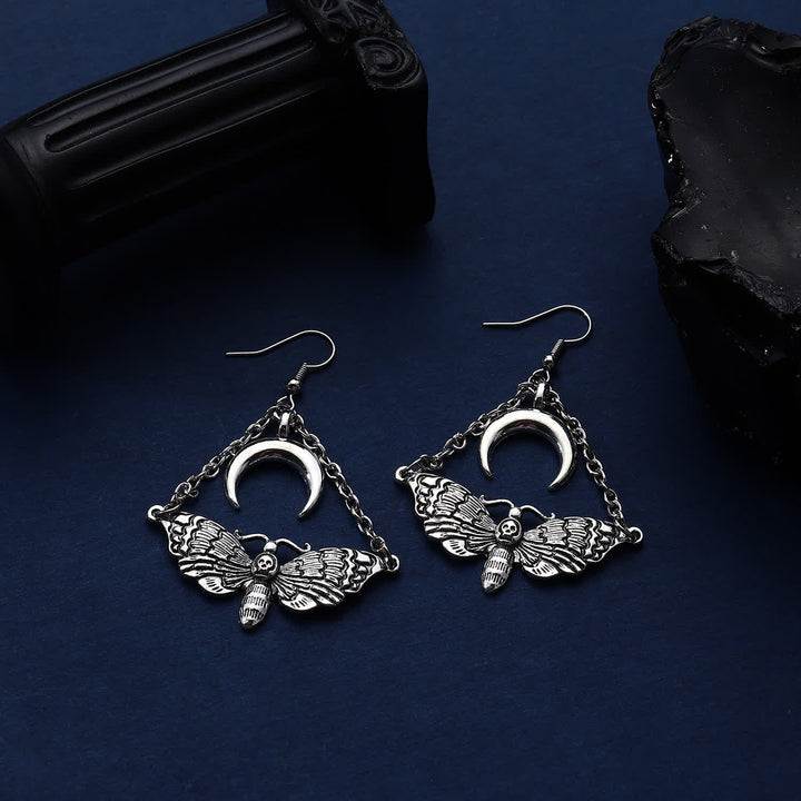 Dark Aesthetic Death Moth Crescent Moon Chain Dangle Earrings - Silver - image 0