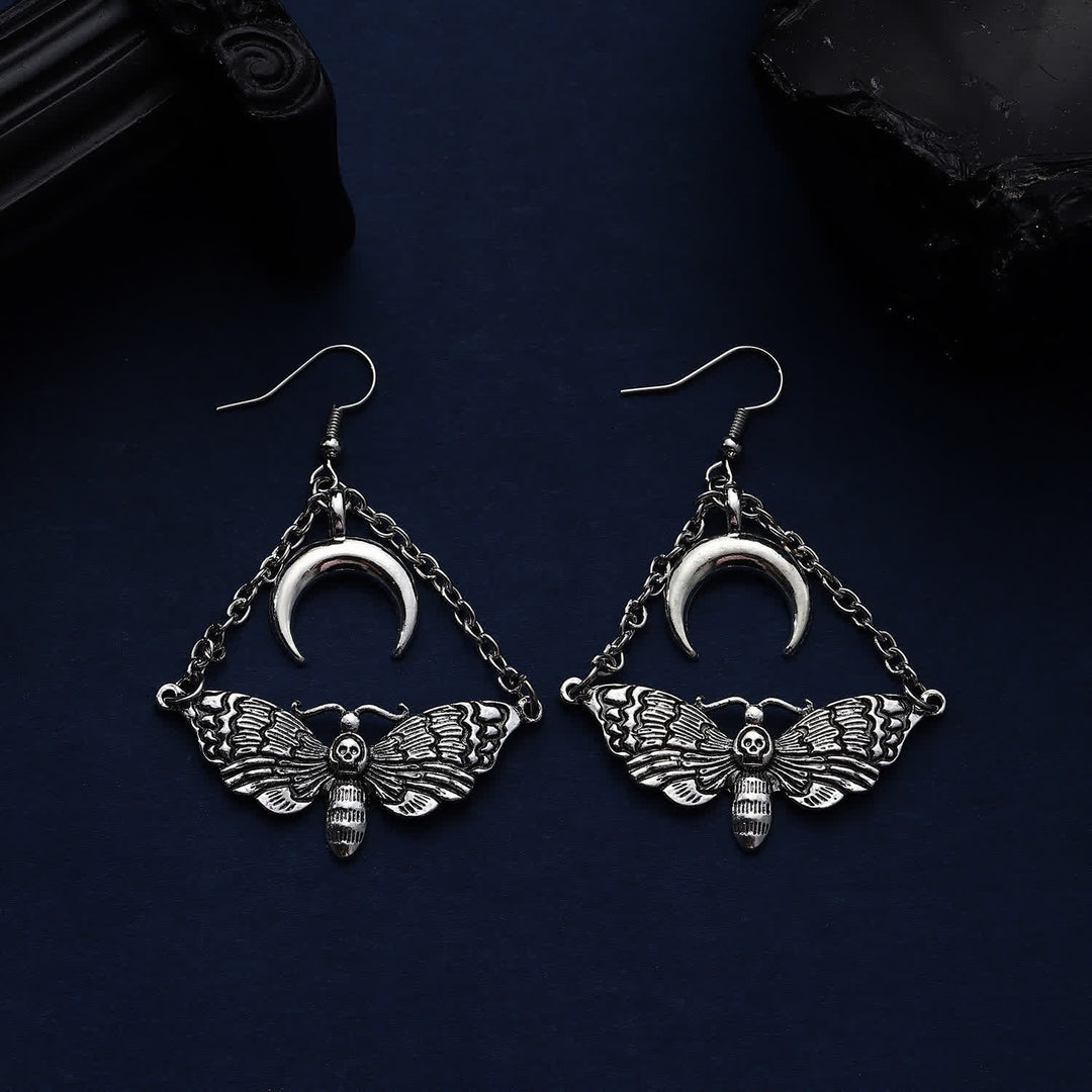 Dark Aesthetic Death Moth Crescent Moon Chain Dangle Earrings - image 5