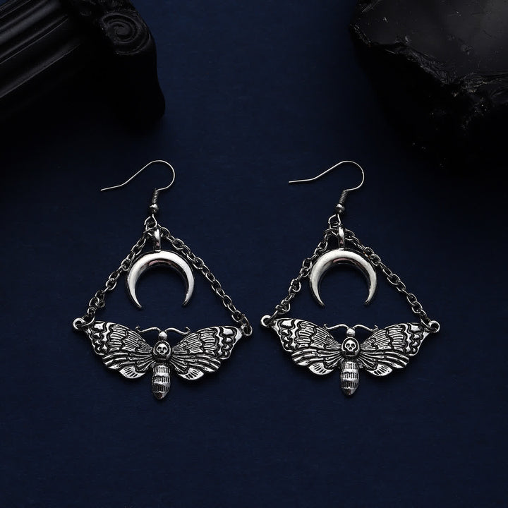 Dark Aesthetic Death Moth Crescent Moon Chain Dangle Earrings - image 5
