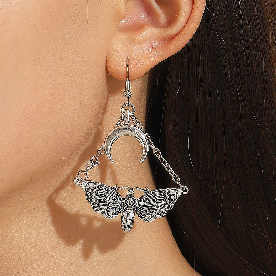 Dark Aesthetic Death Moth Crescent Moon Chain Dangle Earrings - image 6