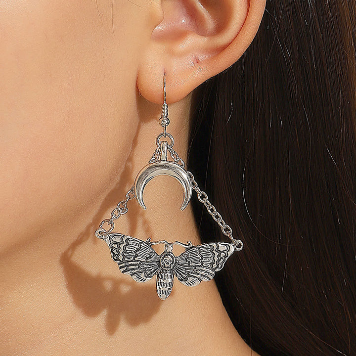 Dark Aesthetic Death Moth Crescent Moon Chain Dangle Earrings - image 6