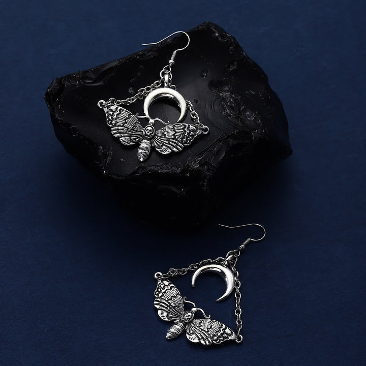 Dark Aesthetic Death Moth Crescent Moon Chain Dangle Earrings - image 4