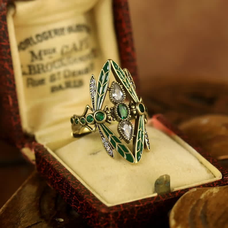 Art Nouveau Dragonfly Green Enamel & Crystals Ring - image 3