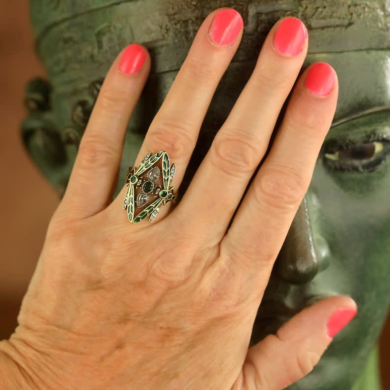 Art Nouveau Dragonfly Green Enamel & Crystals Ring - image 1