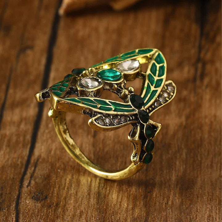 Art Nouveau Dragonfly Green Enamel & Crystals Ring - image 2