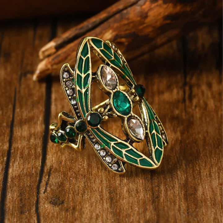 Art Nouveau Dragonfly Green Enamel & Crystals Ring - Dragonfly - US 10 - image 0