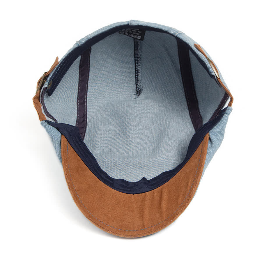 Contrast Color Washed Denim Flat Beret With Suede Brim - image 5