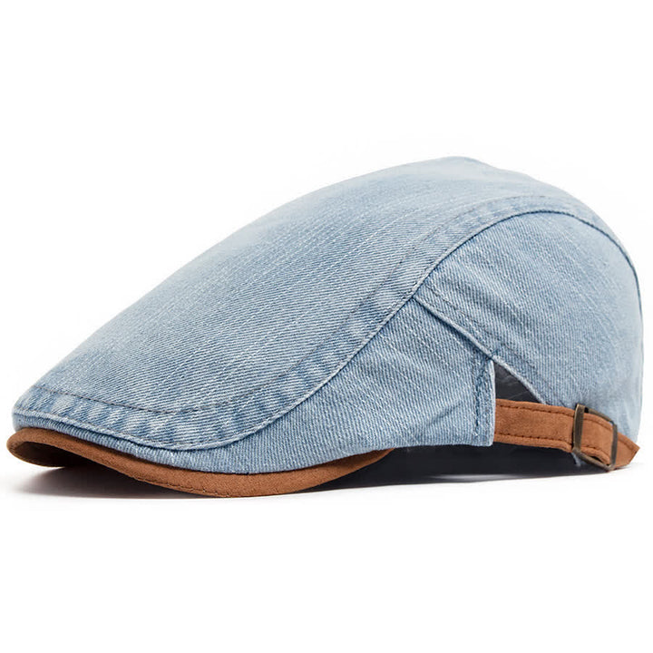 Contrast Color Washed Denim Flat Beret With Suede Brim - Light Blue - Adjustable (21 5/8"-23 1/4") - image 2