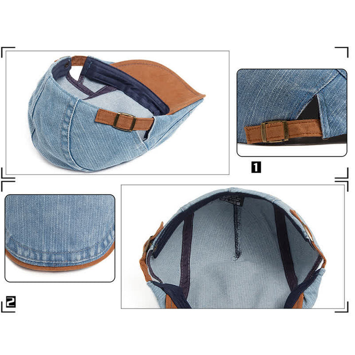 Contrast Color Washed Denim Flat Beret With Suede Brim - image 6