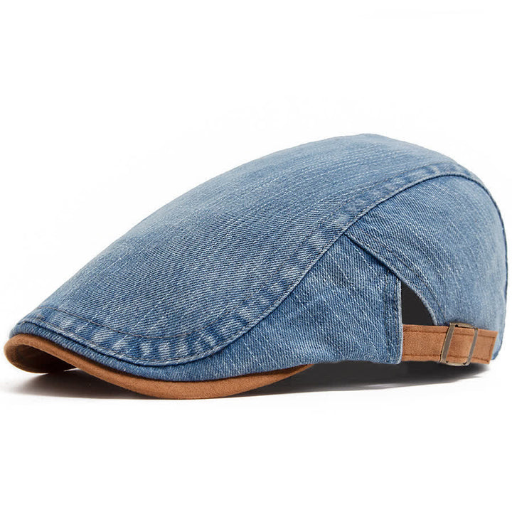 Contrast Color Washed Denim Flat Beret With Suede Brim - Blue - Adjustable (21 5/8"-23 1/4") - image 0