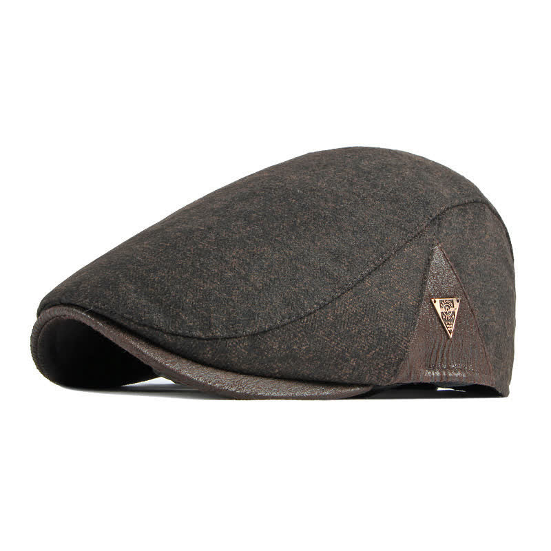 Subtle Herringbone Warm Flat Beret With Leather Trim - Coffee - Adjustable (21 5/8"-23 1/4") - image 8