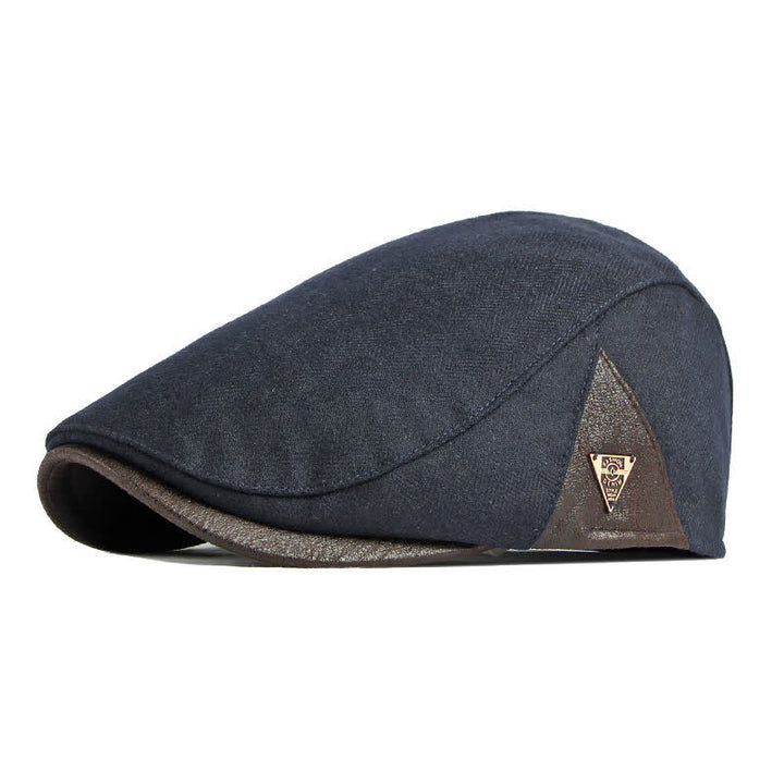 Subtle Herringbone Warm Flat Beret With Leather Trim - Navy - Adjustable (21 5/8"-23 1/4") - image 0