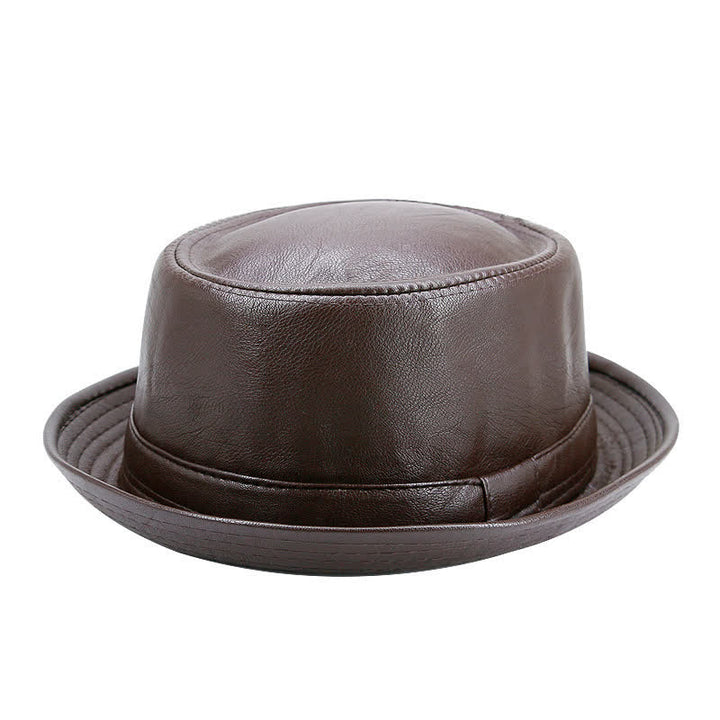 Classic Pork Pie Waterproof Leather Fedora Bucket Hat - Brown - M (22"-22 7/8") - image 5