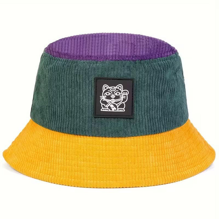 Color Block Lucky Cat Corduroy Foldable Bucket Hat - Yellow - M (22"-22 7/8") - image 0