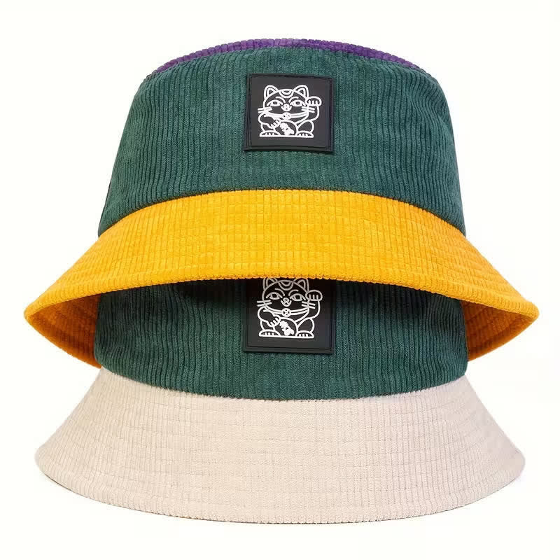 Color Block Lucky Cat Corduroy Foldable Bucket Hat - image 1