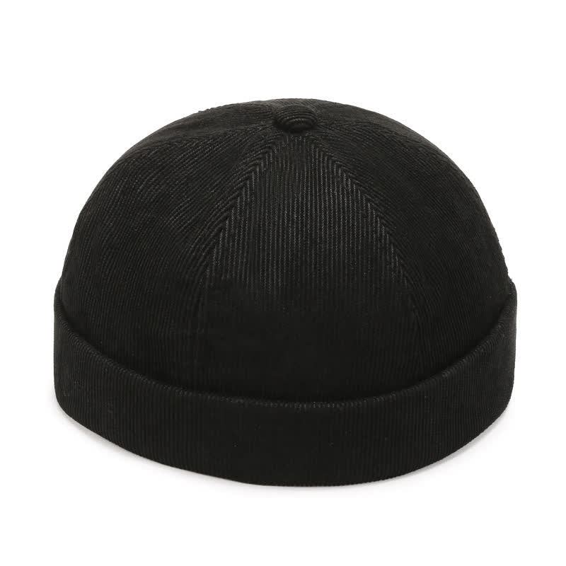 Solid Color No Brim Beanie Corduroy Docker Cap - Black - Adjustable (22"-23 5/8") - image 0