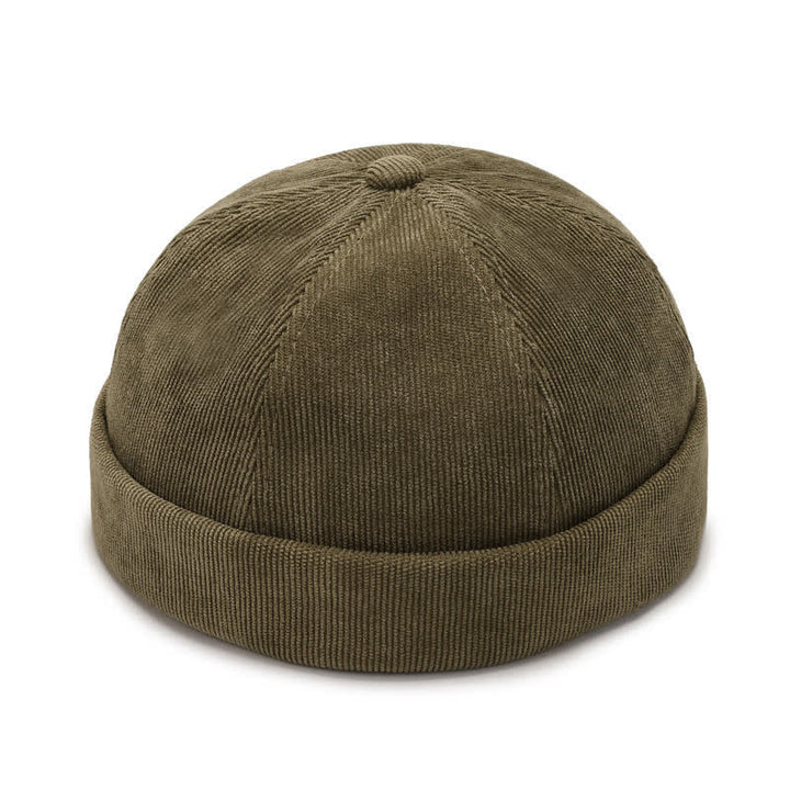 Solid Color No Brim Beanie Corduroy Docker Cap - Army Green - Adjustable (22"-23 5/8") - image 8