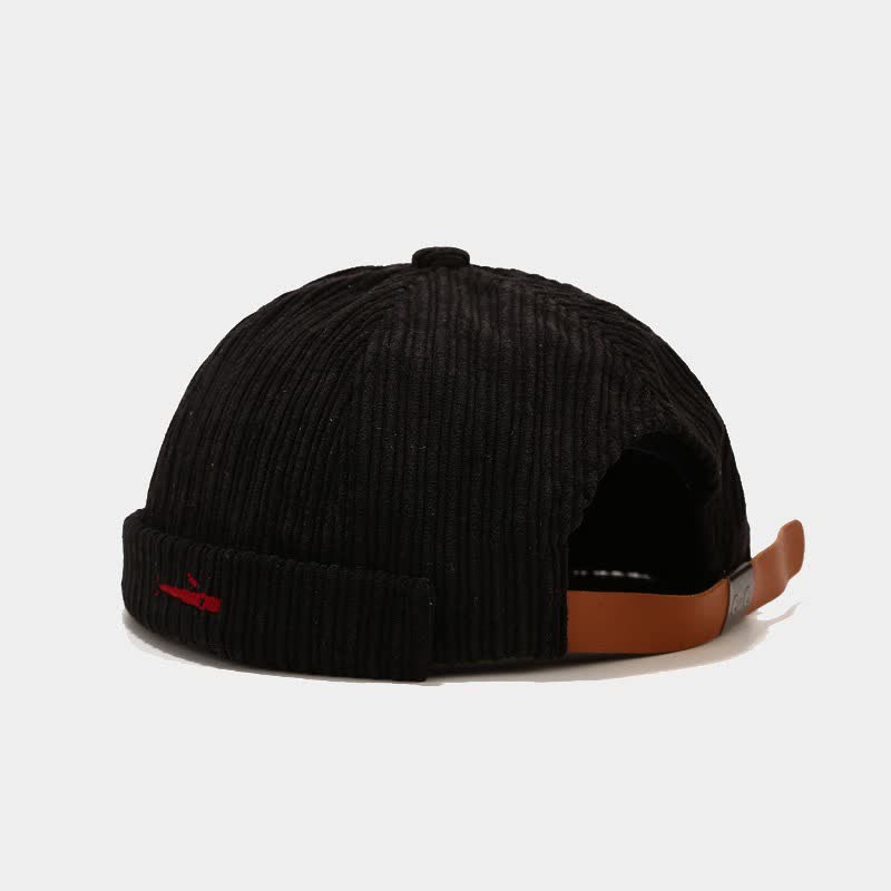 Stylish Embroidered Adjustable No Brim Corduroy Docker Cap - Black - M (22"-22 7/8") - image 1