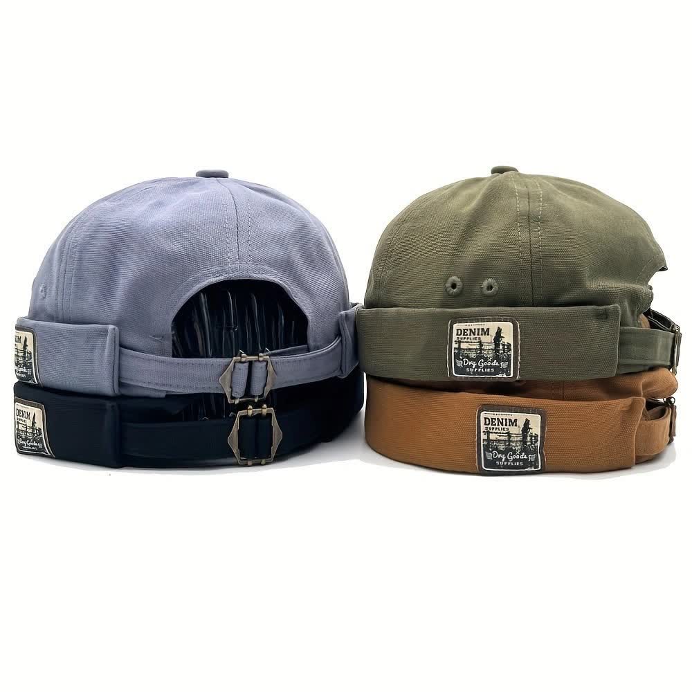 Canvas Adjustable Brimless Docker Cap With Denim Patch - image 5