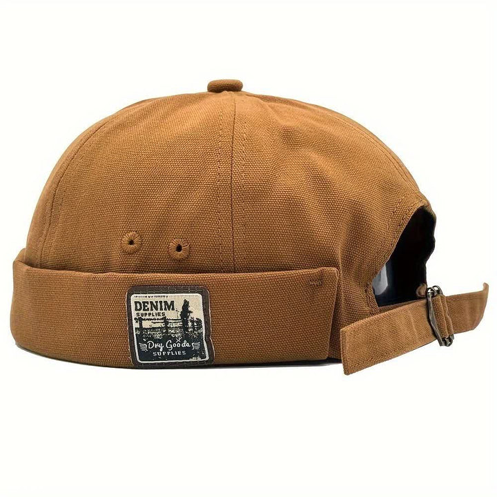 Canvas Adjustable Brimless Docker Cap With Denim Patch - Khaki - M (22"-22 7/8") - image 7