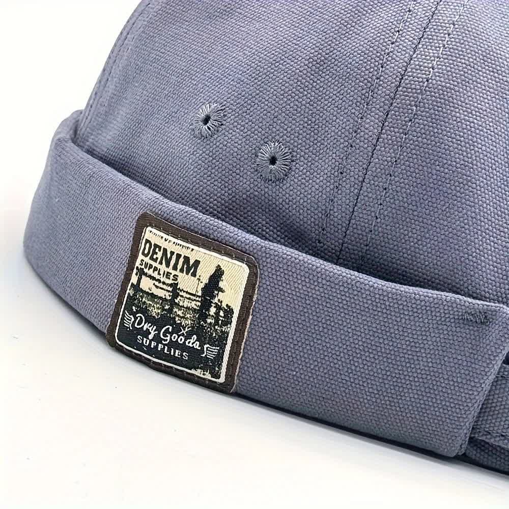 Canvas Adjustable Brimless Docker Cap With Denim Patch - image 3