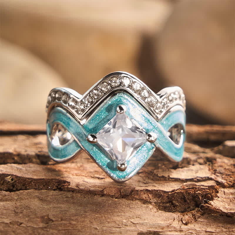 Vintage Two‑Piece Stackable Ring Set Ethnic Enamel Crystal Metal Ring for Daily Party - Silver‑Tone - US 11 - image 0