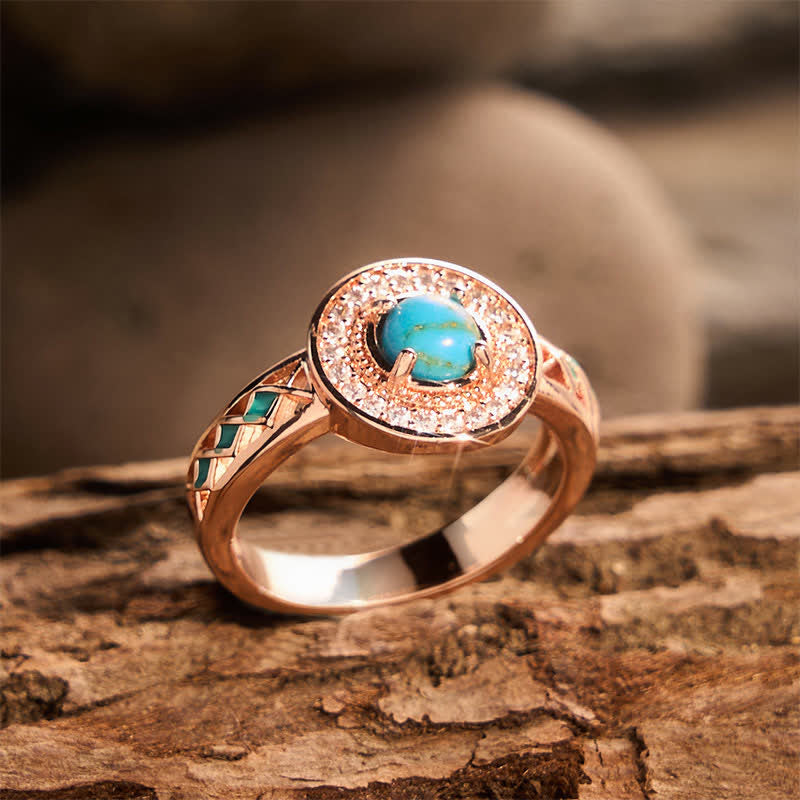 Vintage Round Simulated Turquoise Halo Ring Ethnic Hollow Metal Ring - image 2