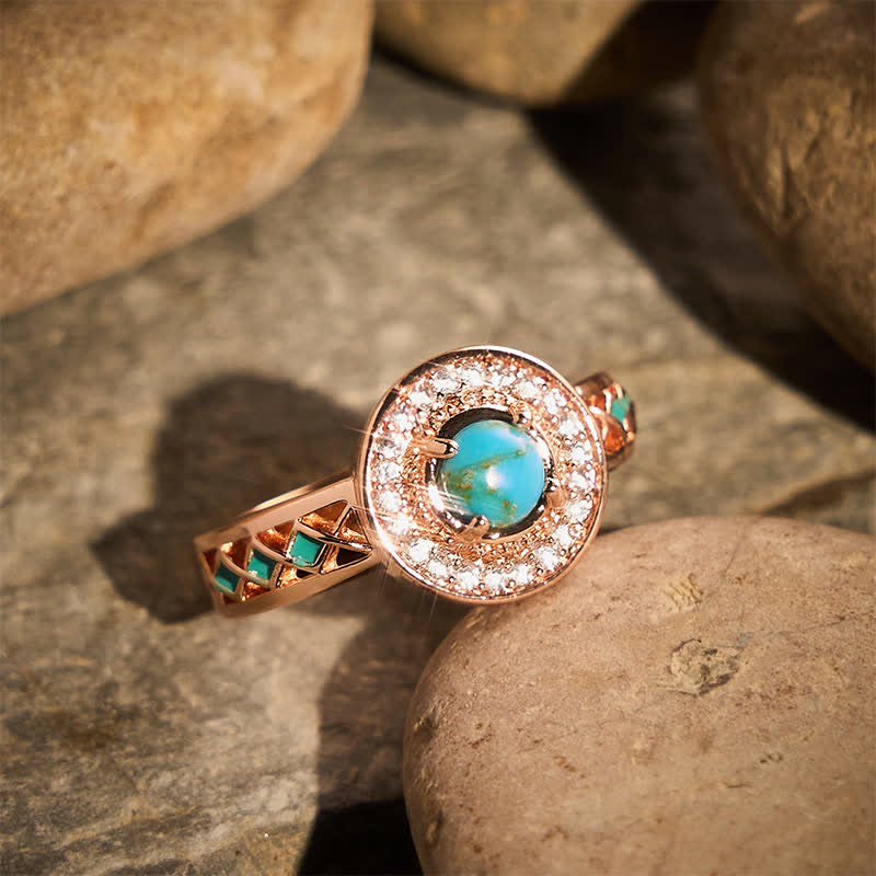 Vintage Round Simulated Turquoise Halo Ring Ethnic Hollow Metal Ring - image 1