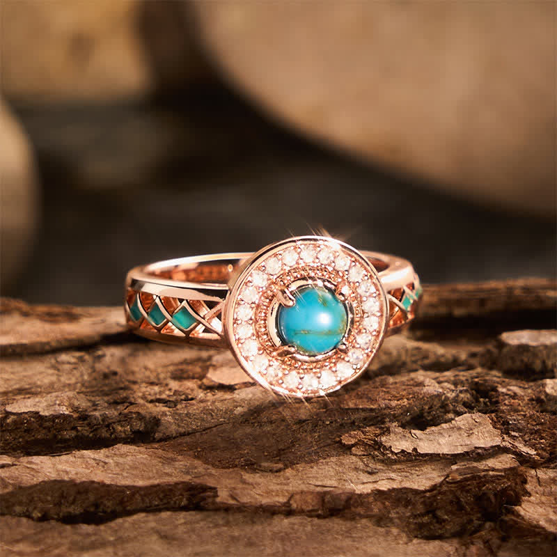 Vintage Round Simulated Turquoise Halo Ring Ethnic Hollow Metal Ring - image 3